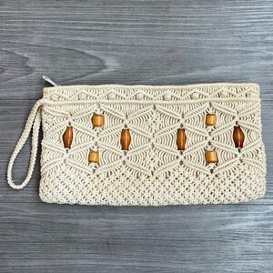 Vintage 70s Cream Macrame Crochet Wristlet Bag Purse Boho Wooden Beads